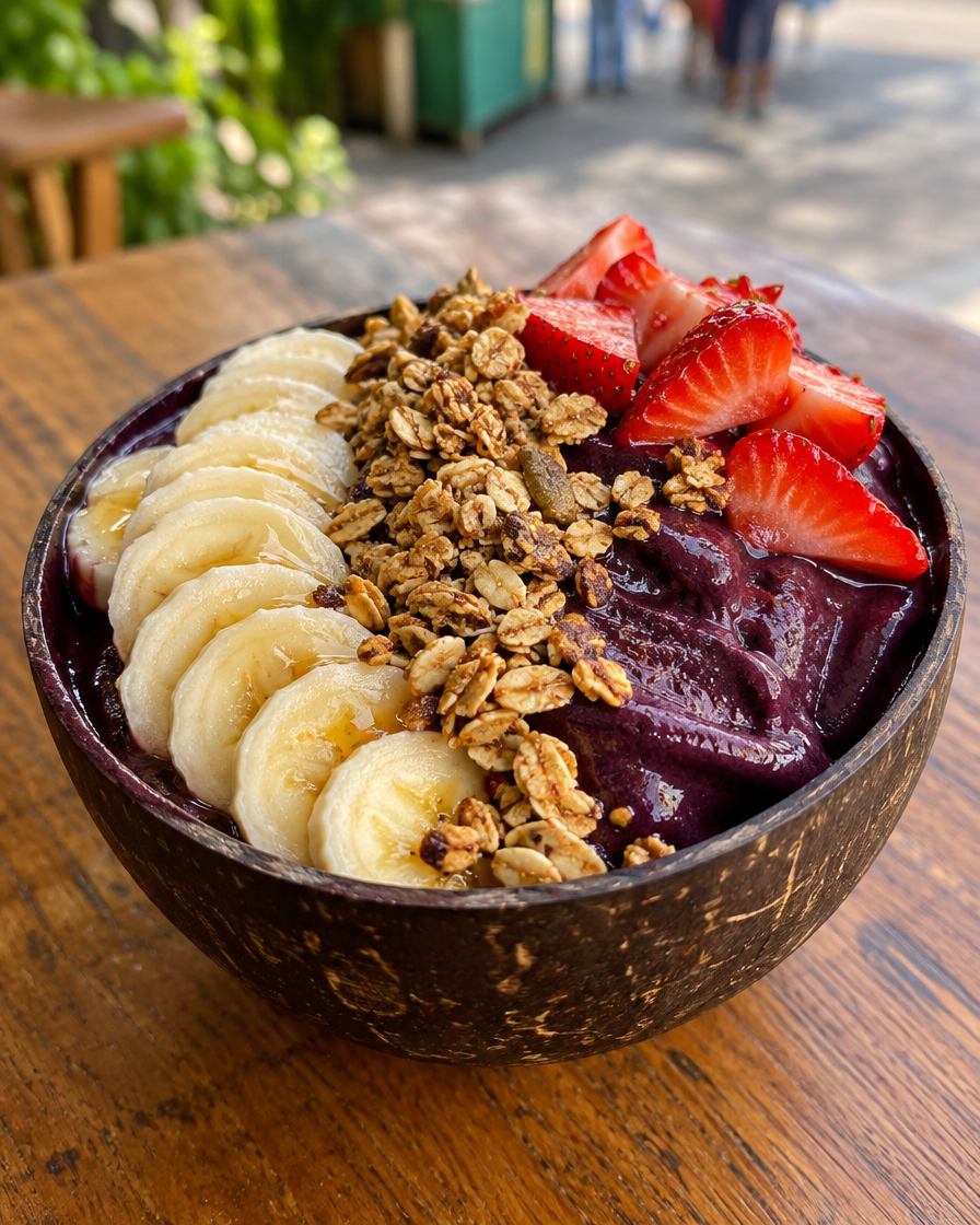 Tigela de açaí cremoso com banana e granola
