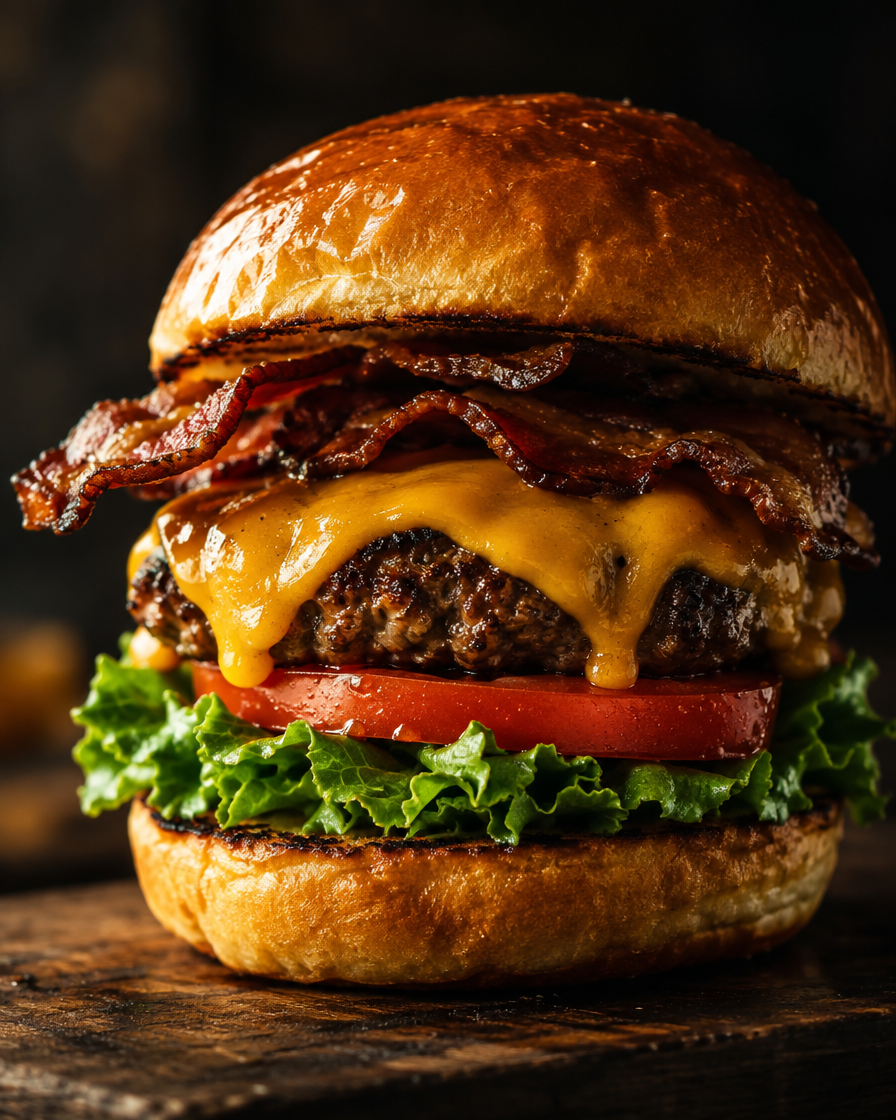 Hambúrguer artesanal com queijo derretido e bacon crocante